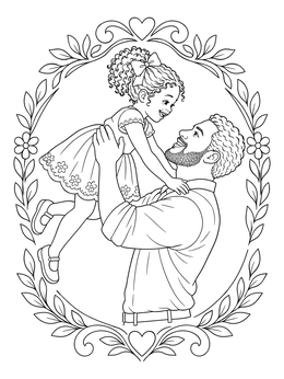 A smiling father lifts his little daughter inside a wreath on this family coloring page.