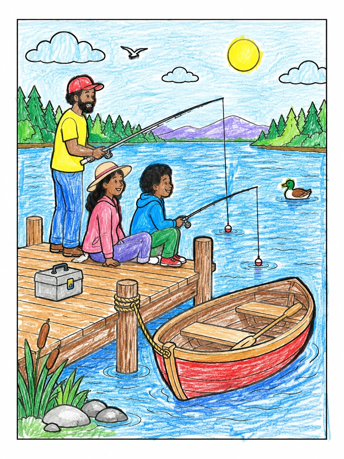 Colored example of the Family Fishing By The Dock coloring page