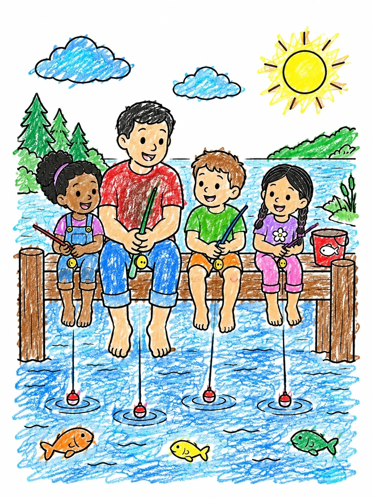 Colored example of the Family Fishing On The Wooden Dock coloring page
