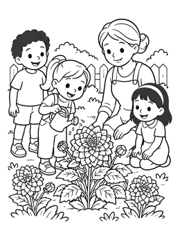 Free printable Family Gardening Blooming Dahlias coloring page