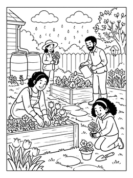A family plants flowers in an april coloring page with garden beds and rain barrels.