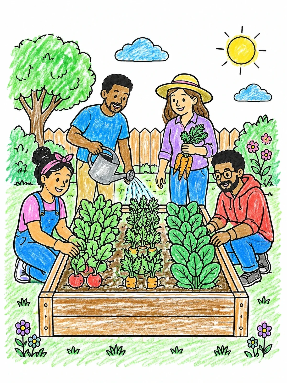 Colored example of the Family Gardening At Raised Bed coloring page