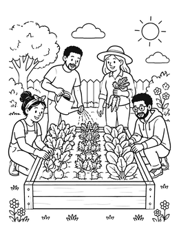 A smiling family cares for vegetables in this garden coloring page.
