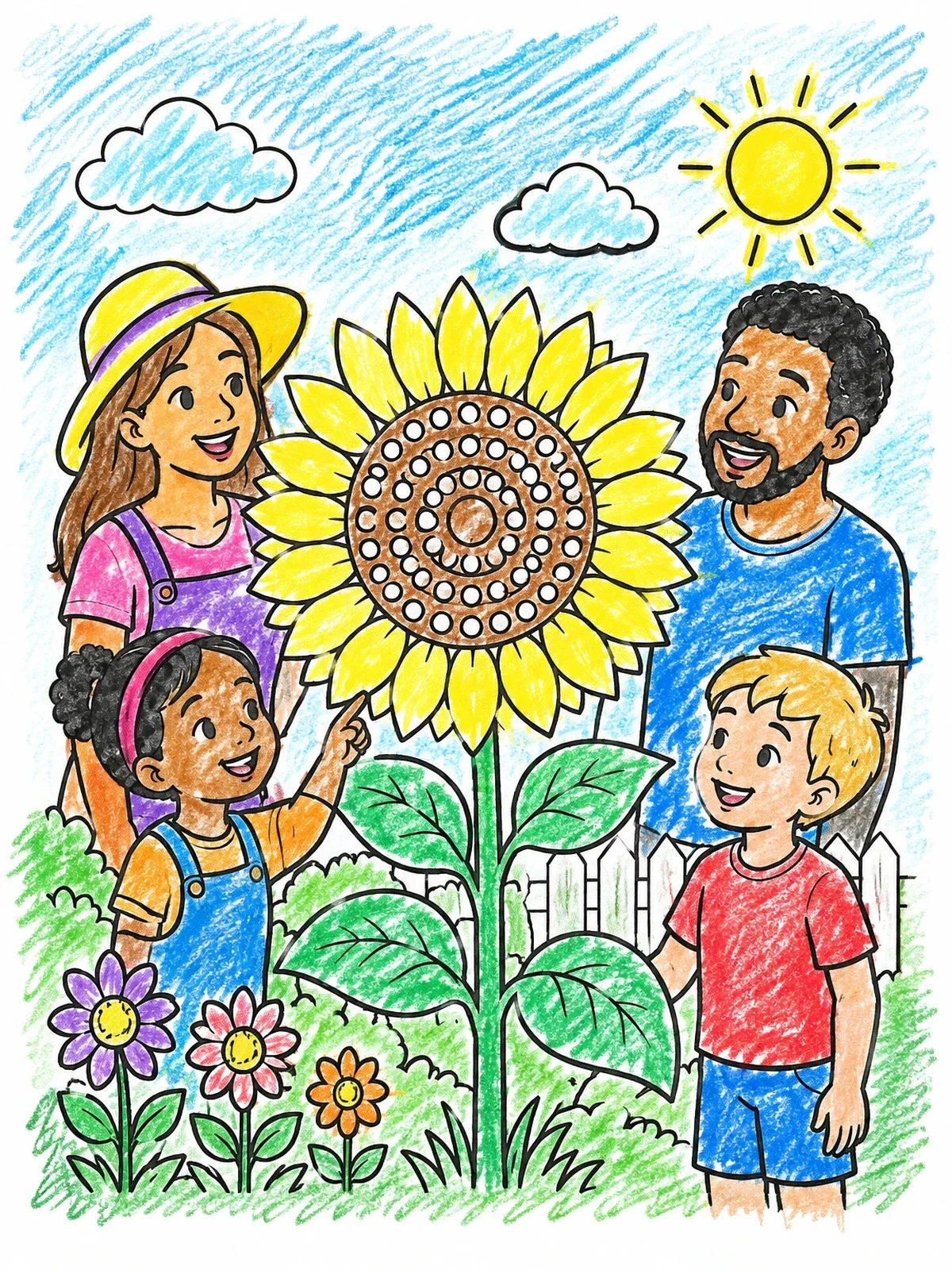 Colored example of the Family Admiring Giant Dotted Sunflower coloring page