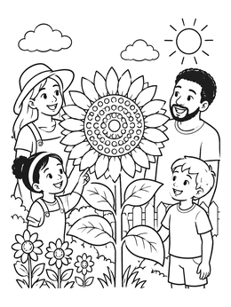 Free printable Family Admiring Giant Dotted Sunflower coloring page