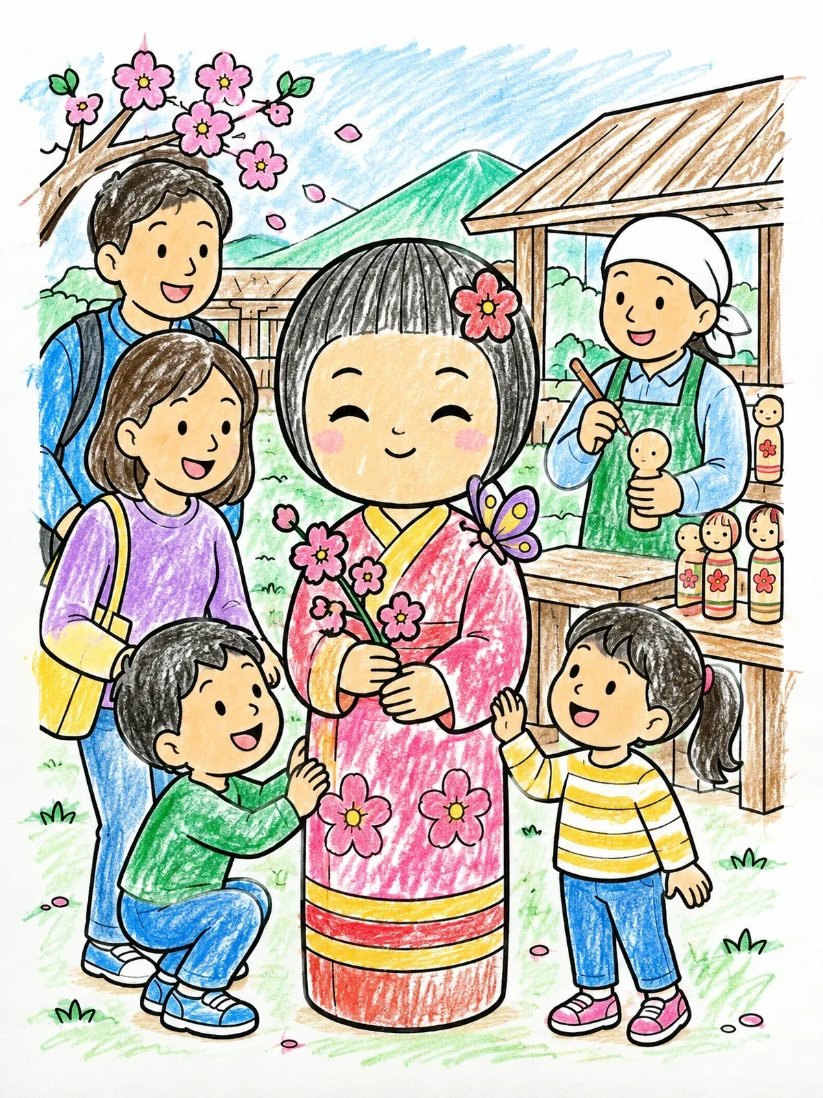 Colored example of the Family Admiring A Giant Kokeshi Doll coloring page