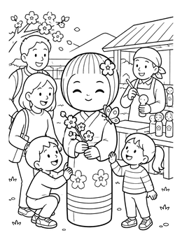 Free printable Family Admiring A Giant Kokeshi Doll coloring page