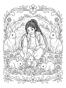 A young girl sits among wild rabbits on this family coloring page surrounded by clover flowers.