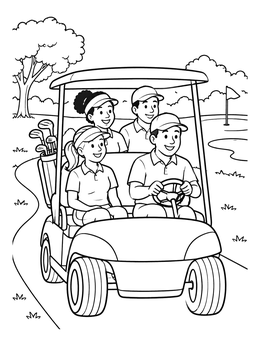 A cheerful family rides along the green course in this golf coloring page.