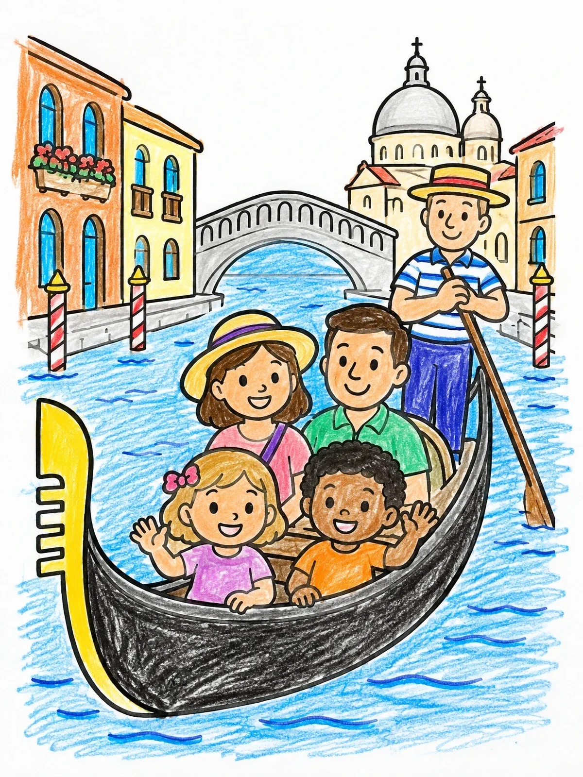 Colored example of the Family Gondola Ride In Venice coloring page