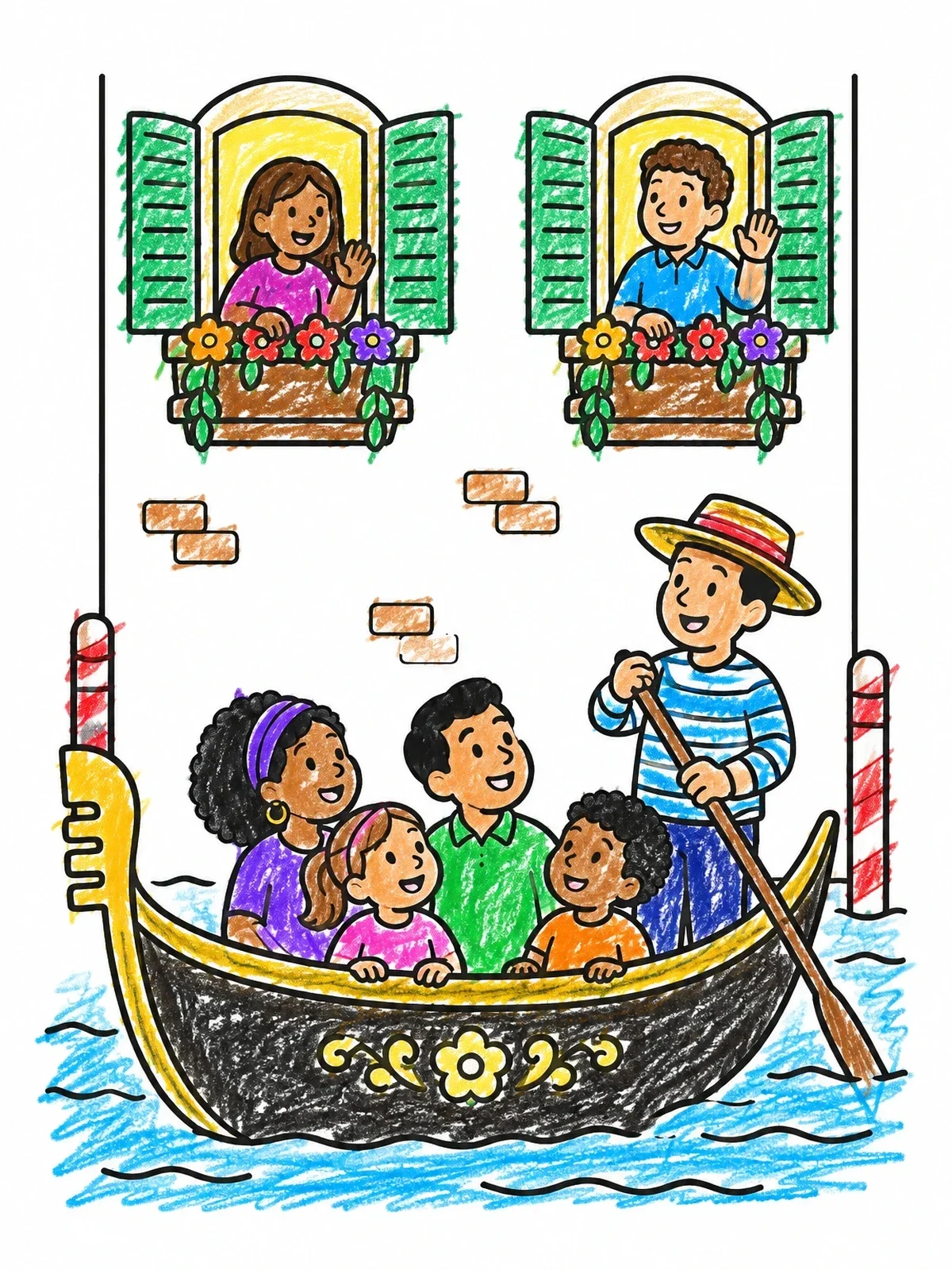 Colored example of the Family Gondola Ride In Venice coloring page