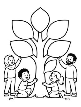 Free printable Family Around A Gratitude Tree coloring page