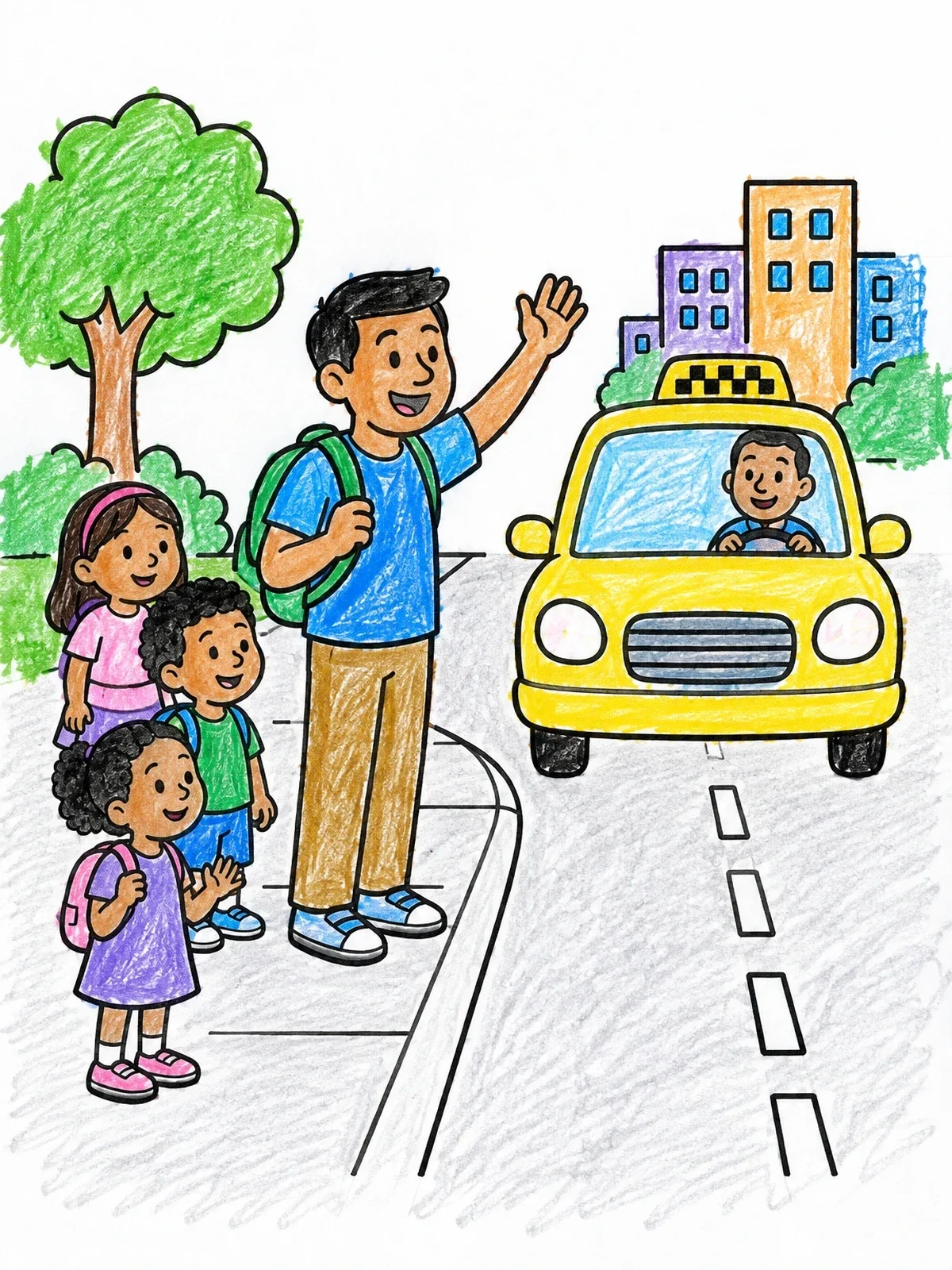 Colored example of the Family Hailing A City Taxi coloring page