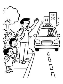 A cheerful taxi coloring page with a man and children hailing an oncoming cab on a city street.