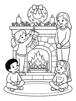 Free printable Family Hanging Stockings By Fireplace coloring page