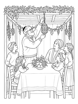 Free printable Family Hanging A Sukkot Lantern coloring page