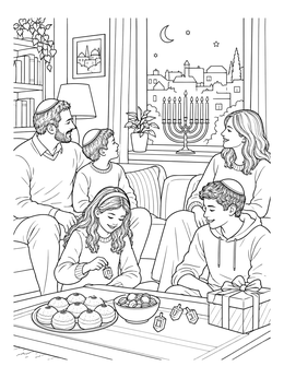 A family gathers by the window with a lit menorah in this hanukkah coloring page.