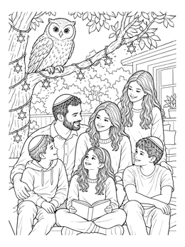 A family gathers outdoors near an owl in this hanukkah coloring page.