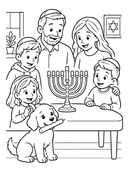 Free printable Family Hanukkah Gathering With Puppy coloring page