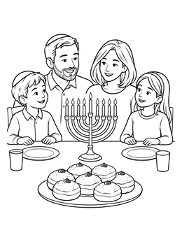 A family gathered at a table in this menorah coloring page with sufganiyot donuts.
