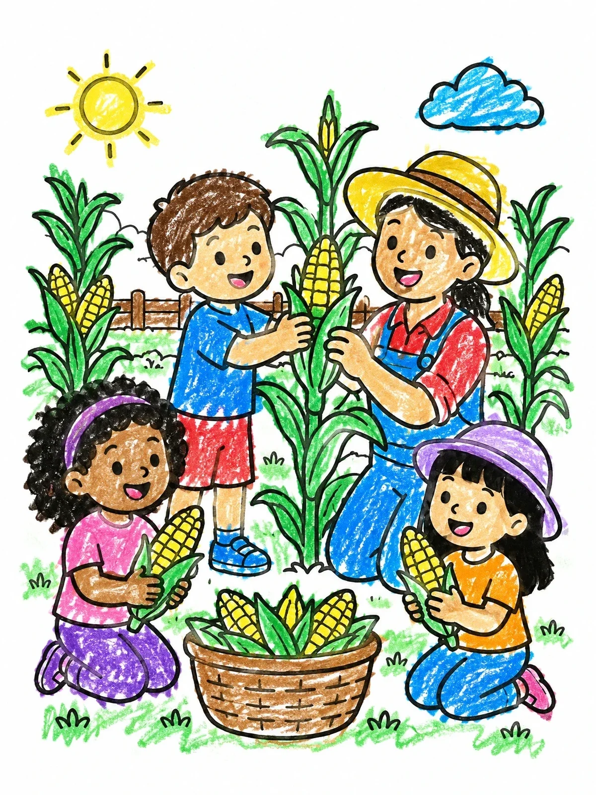 Colored example of the Family Harvesting Corn In The Garden coloring page