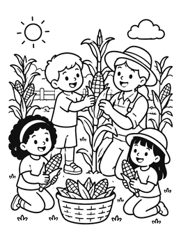 A happy family harvesting fresh vegetables in this sweet corn coloring page.