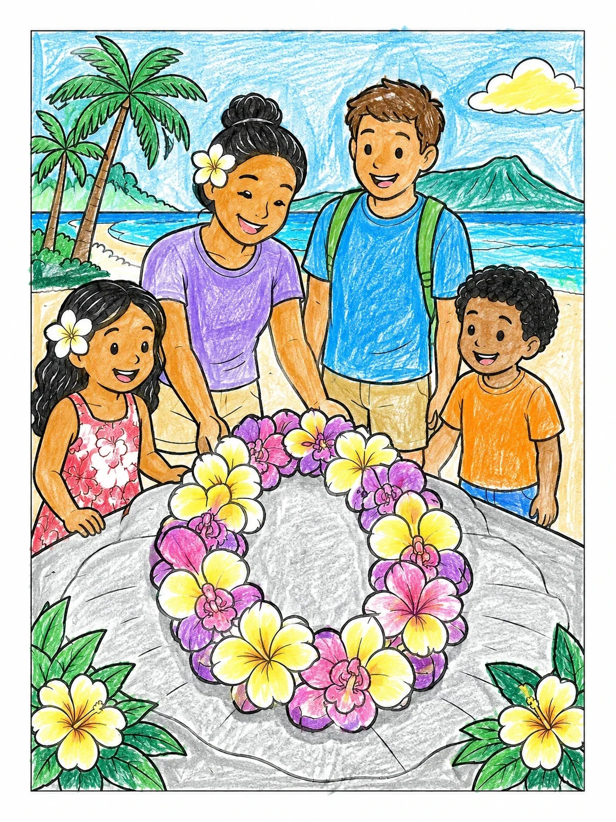 Colored example of the Family Admiring A Tropical Flower Lei coloring page
