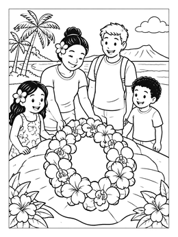 Free printable Family Admiring A Tropical Flower Lei coloring page