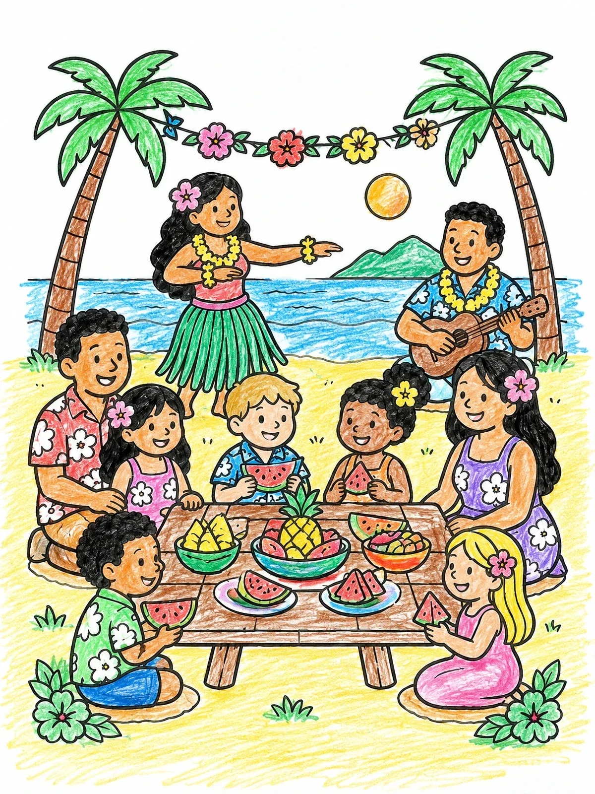 Colored example of the Family Hawaiian Luau Beach Picnic coloring page