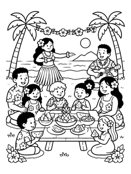 Free printable Family Hawaiian Luau Beach Picnic coloring page