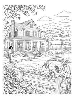 A family enjoys flowers outside a cozy home in this heartland coloring page.