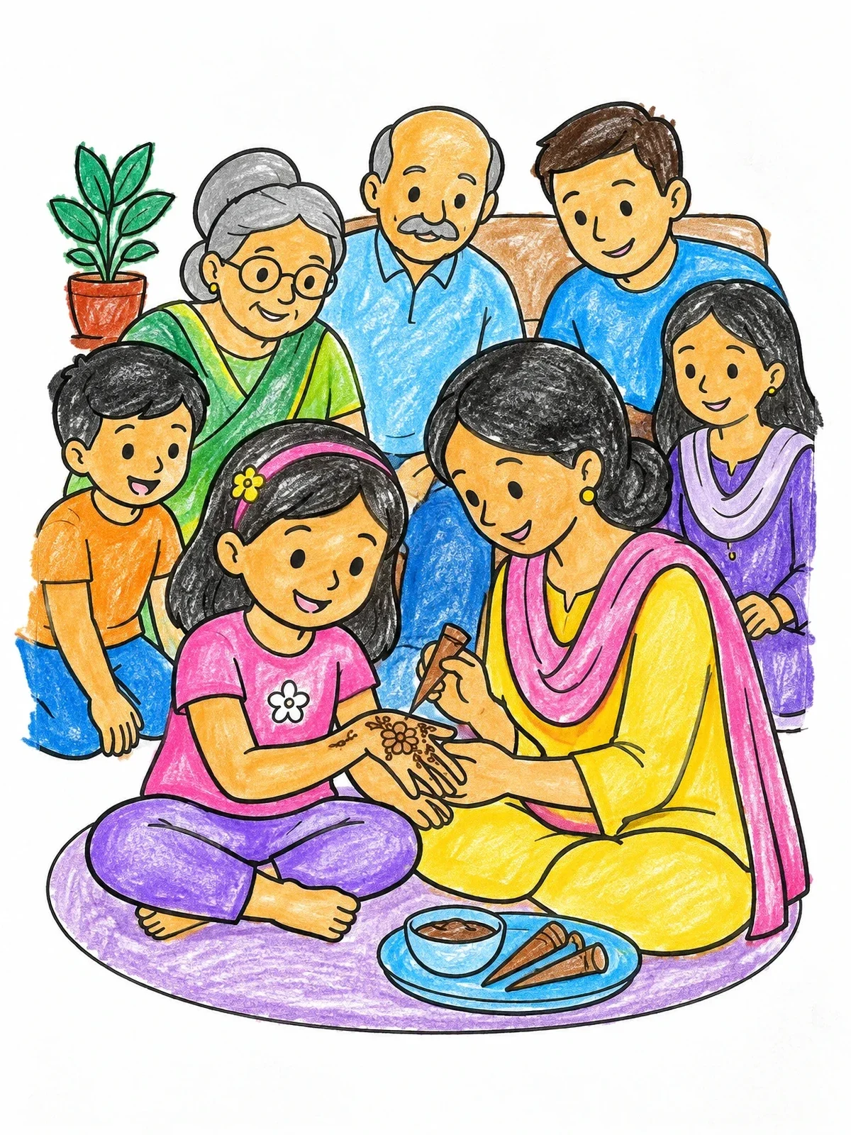Colored example of the Family Henna Celebration At Home coloring page