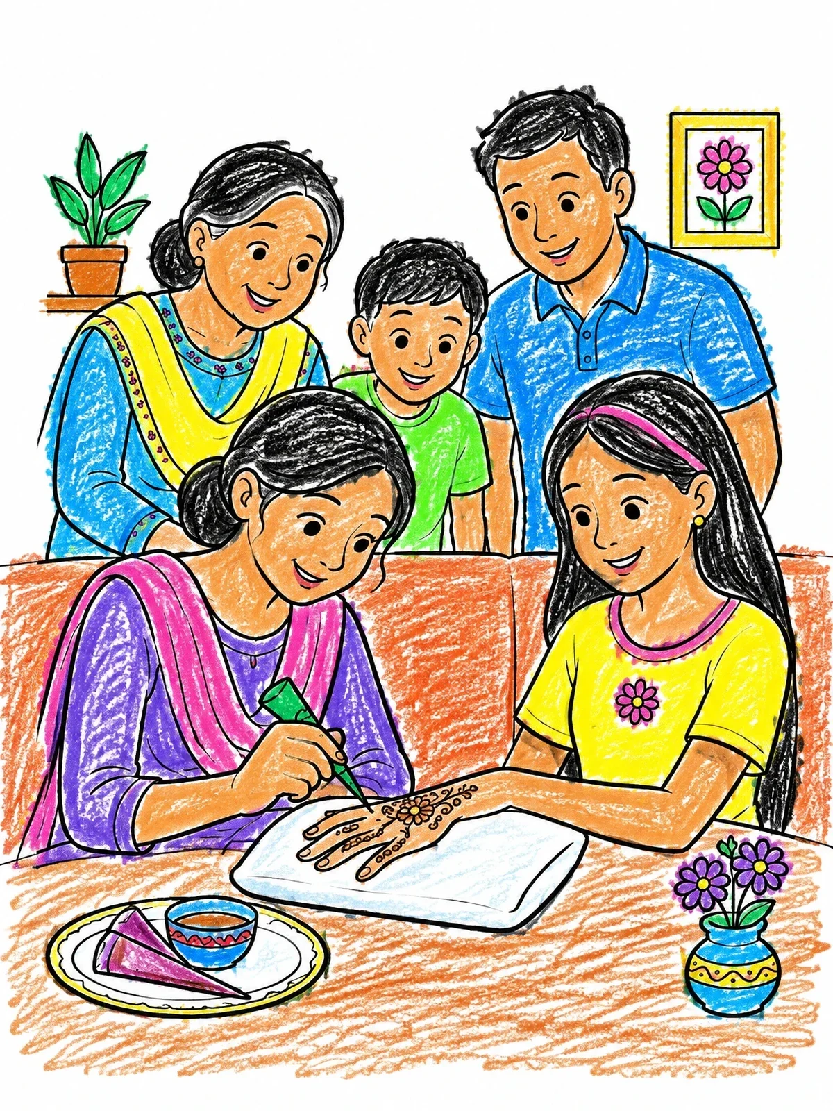 Colored example of the Family Henna Application Celebration coloring page