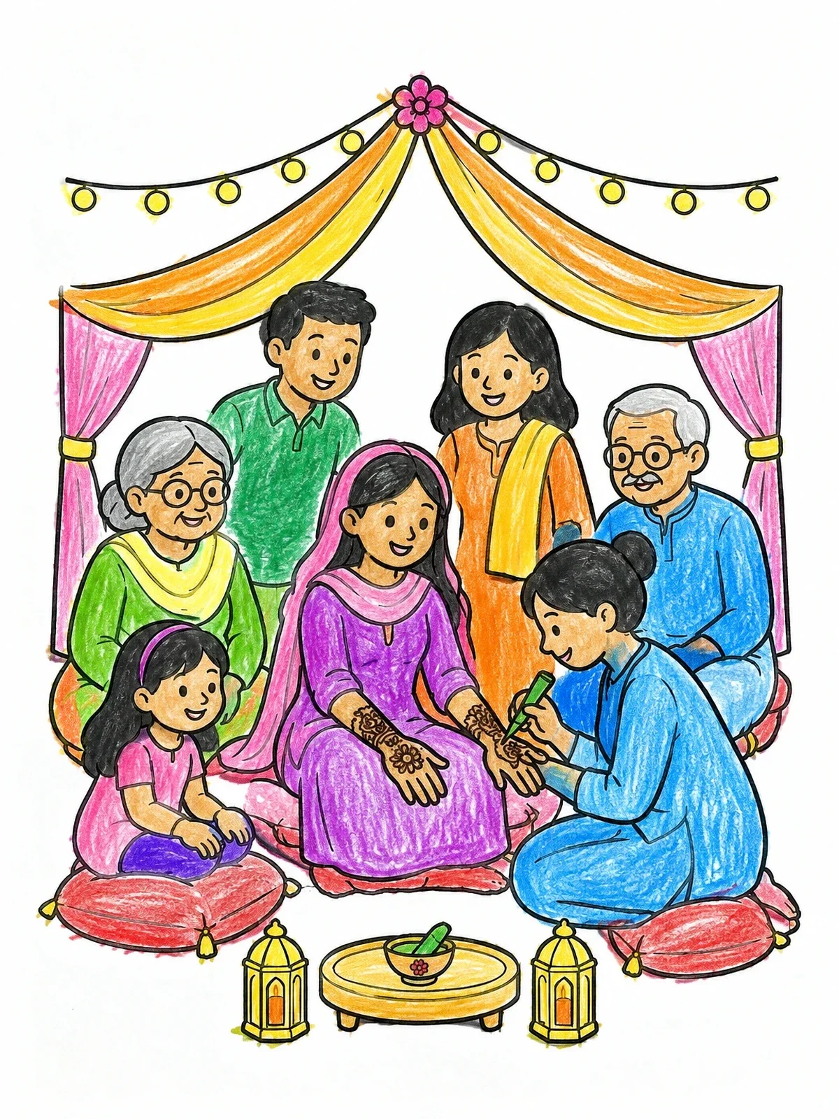 Colored example of the Family Henna Mehndi Celebration coloring page