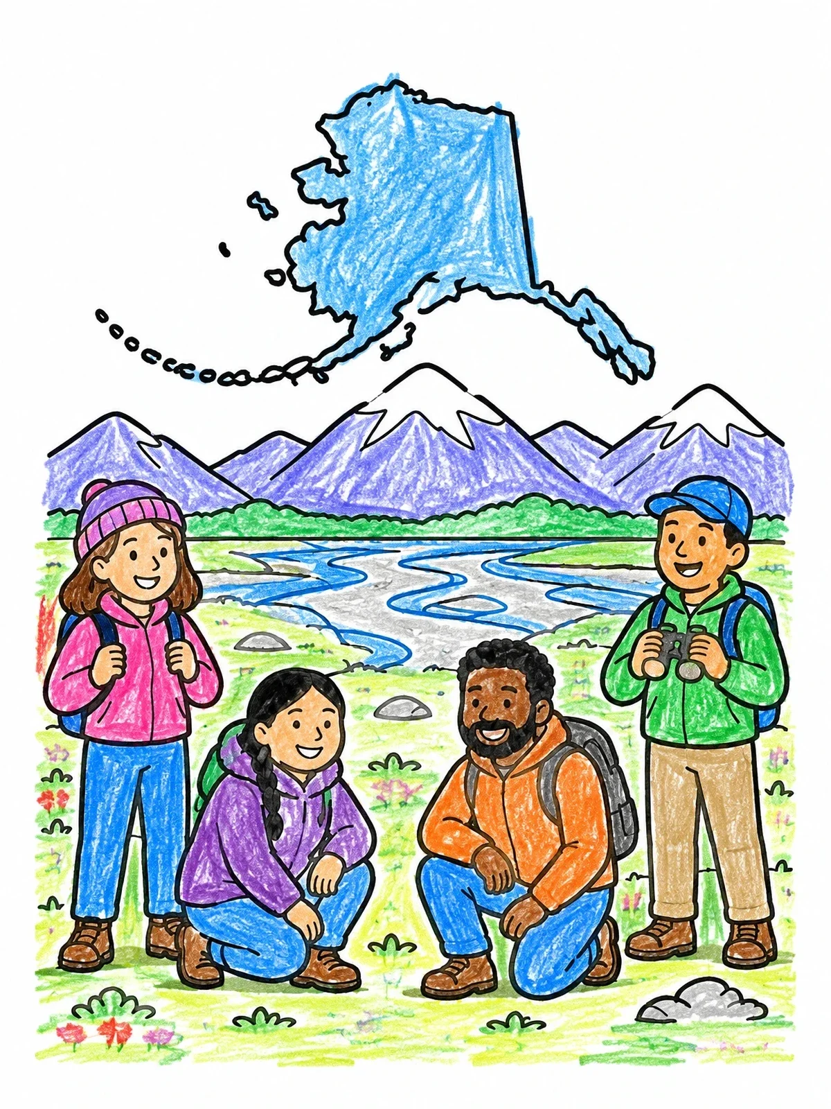Colored example of the Family Hiking In Alaska coloring page