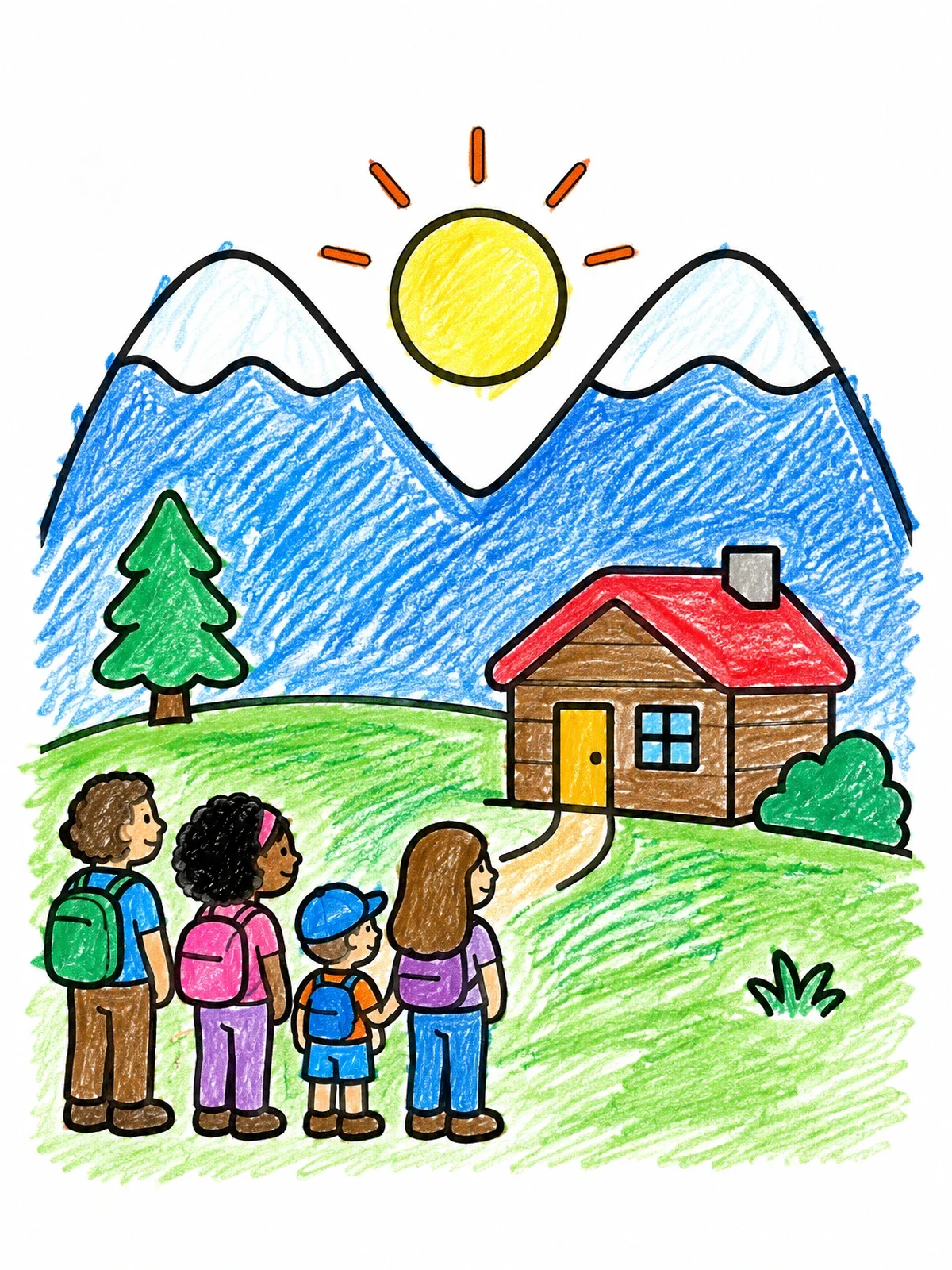 Colored example of the Family Hiking To Mountain Cabin Sunset coloring page