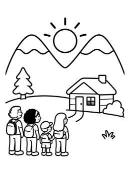 Free printable Family Hiking To Mountain Cabin Sunset coloring page