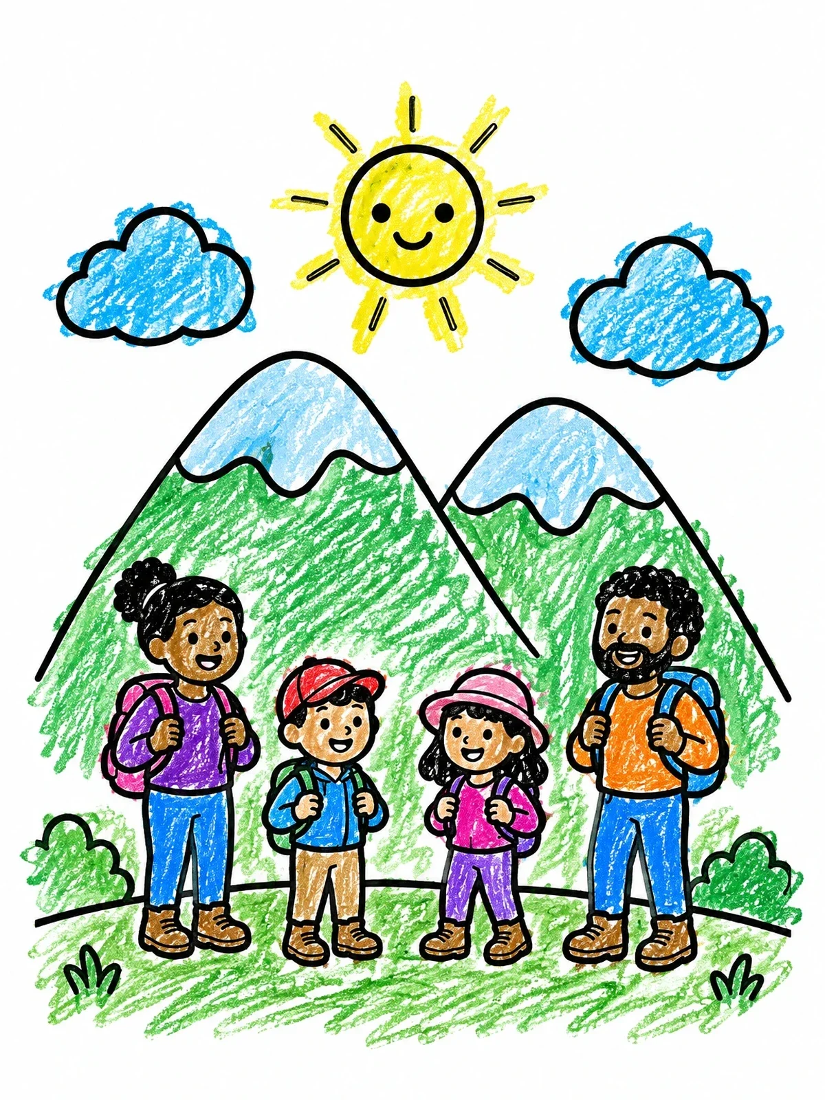 Colored example of the Family Hiking In The Mountains coloring page