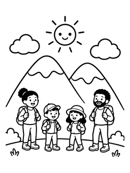Free printable Family Hiking In The Mountains coloring page