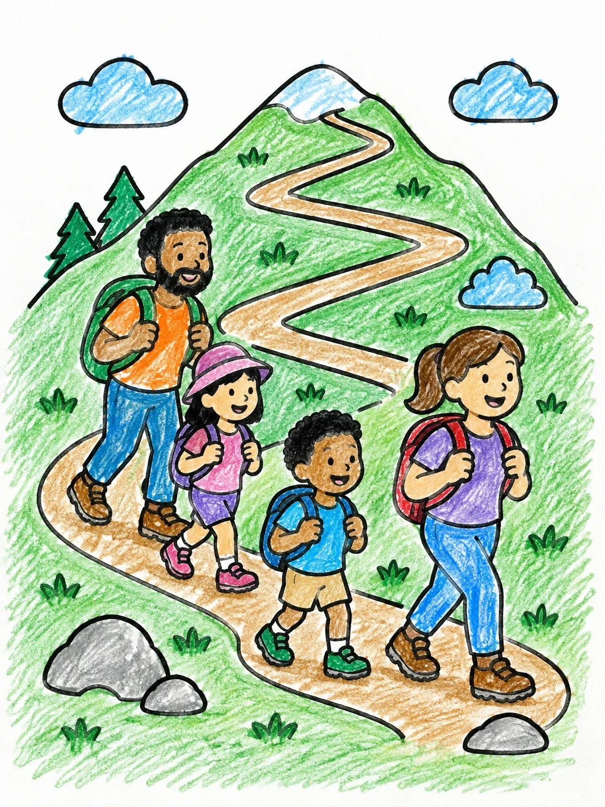 Colored example of the Family Hiking Mountain Trail coloring page