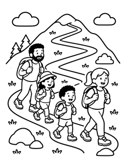 Free printable Family Hiking Mountain Trail coloring page