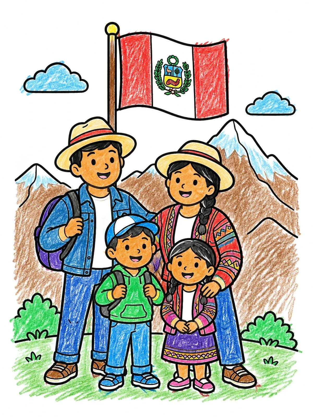Colored example of the Family Hiking In Peru With National Flag coloring page