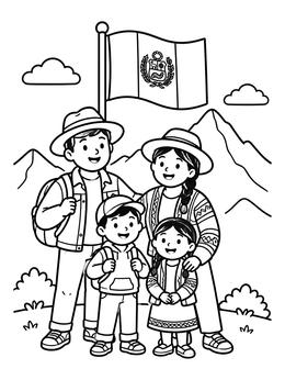 Free printable Family Hiking In Peru With National Flag coloring page