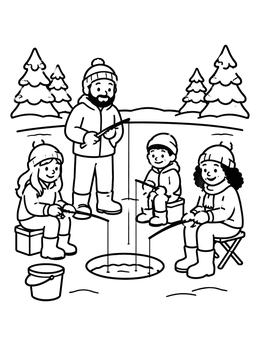 Free printable Family Ice Fishing On Frozen Lake coloring page