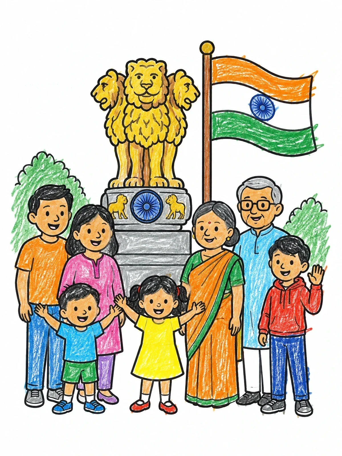 Colored example of the Family With Indian National Symbols coloring page