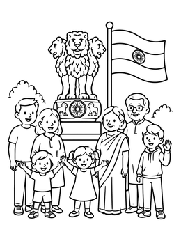 A happy family standing in front of Ashoka's lion capital in this india coloring page.
