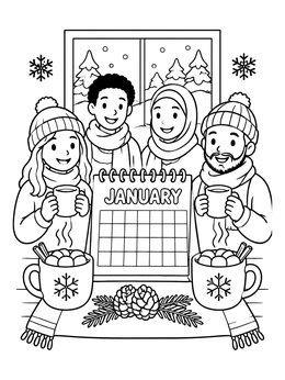 A family gathers behind a desk in this cozy january coloring page with cocoa mugs.