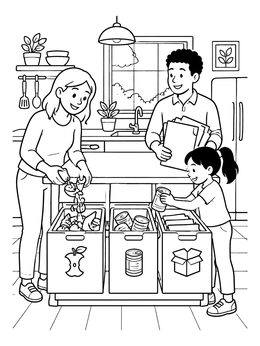 A family sorts household waste in this recycling coloring page featuring organized kitchen bins.