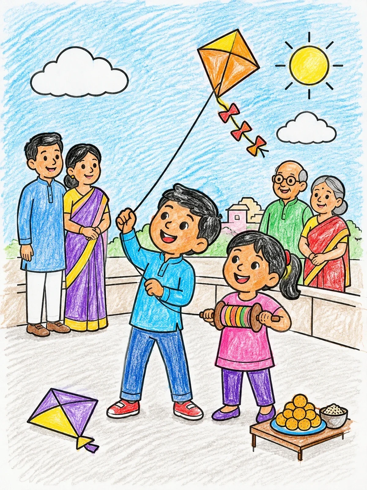 Colored example of the Family Kite Flying On Makar Sankranti coloring page