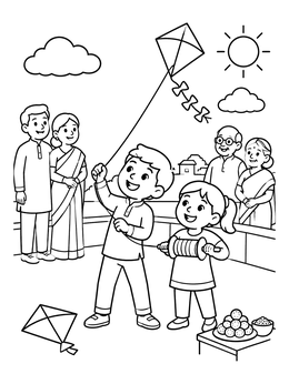 Free printable Family Kite Flying On Makar Sankranti coloring page